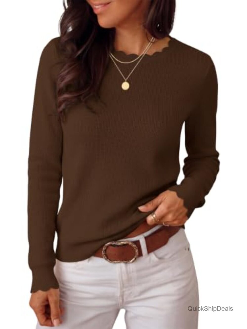 Long Sleeve Waffle Knit Sweater Pullover Scalloped Neck Fall